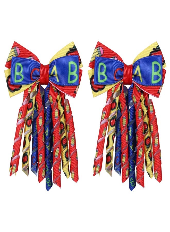 melyde Back to School Hair Bow Clips 3 Inch Handmade Curly Ribbon Hairpins Boutique Lovely School Hair Accessories for Kids Girls, Red&Blue&Yellow - Image 1